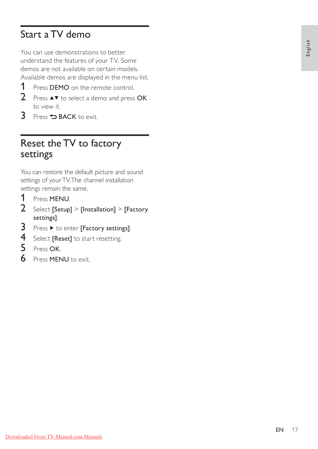 Philips 32PFL3605/77, 42PFL3605/77, 42PFL3615/77, 32PFL3615/77 user manual Start a TV demo, Reset the TV to factory settings 