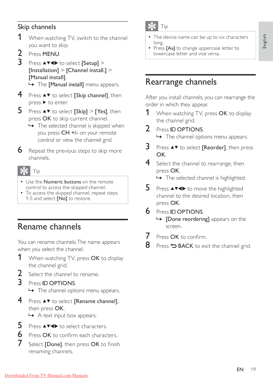 Philips 42PFL3615/77 Rename channels, Rearrange channels, Skip channels, Repeat the previous steps to skip more channels 