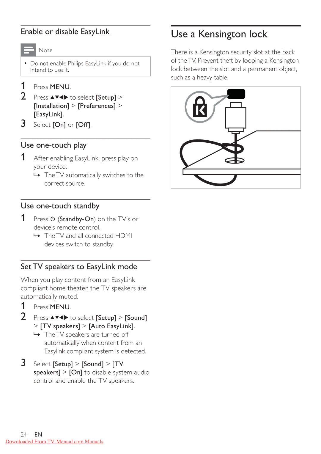 Philips 32PFL3615/77 Use a Kensington lock, Enable or disable EasyLink, Use one-touch play, Use one-touch standby 