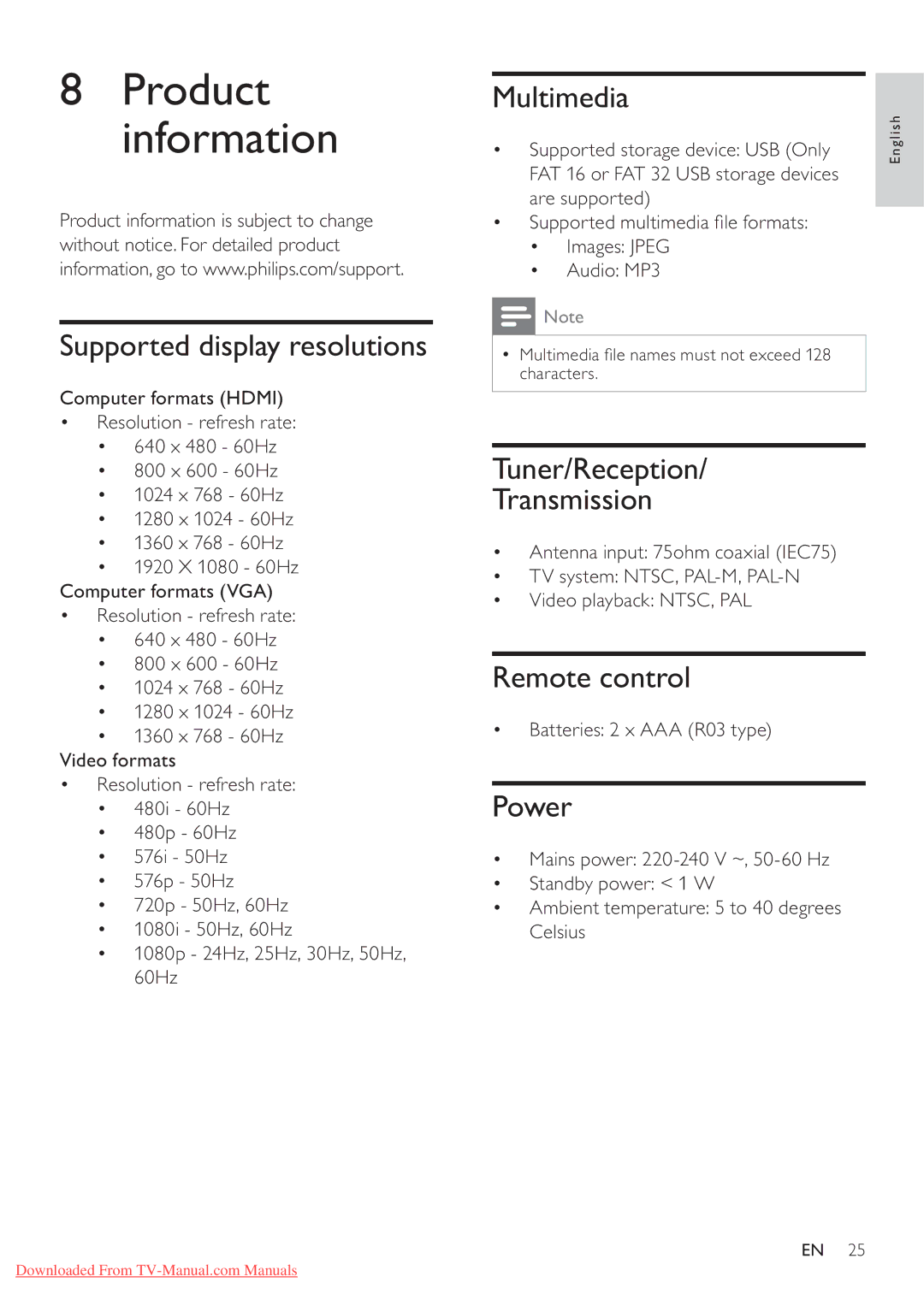 Philips 32PFL3605/77, 42PFL3605/77 Supported display resolutions, Multimedia, Tuner/Reception Transmission, Power 