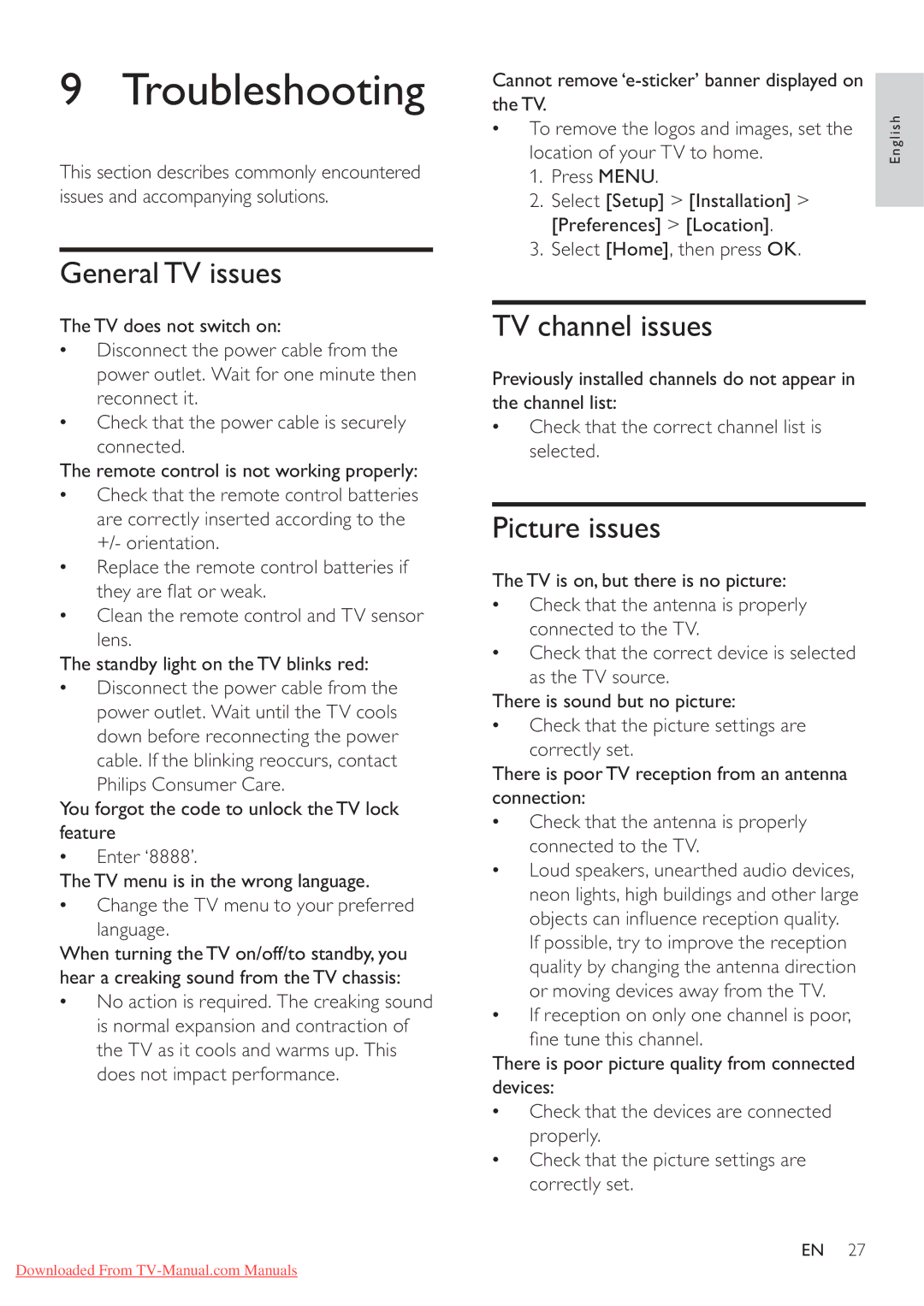 Philips 42PFL3615/77 Troubleshooting, General TV issues, TV channel issues, Picture issues, Location of your TV to home 