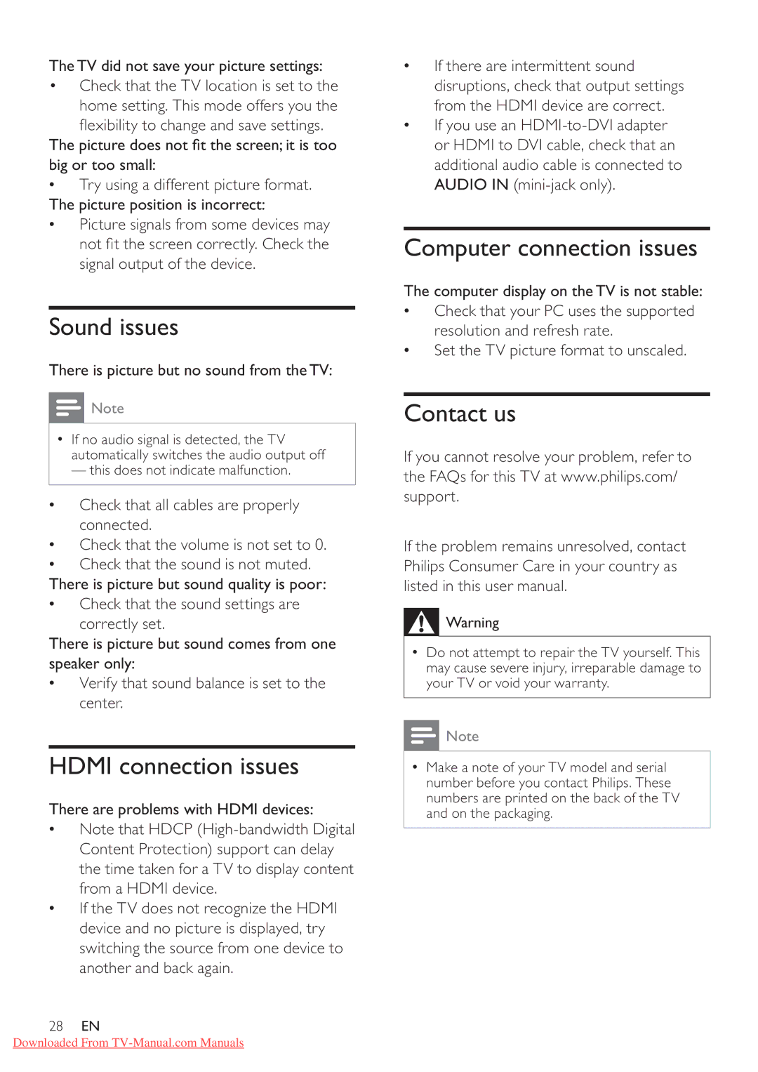 Philips 32PFL3615/77, 42PFL3605/77 user manual Sound issues, Hdmi connection issues, Computer connection issues, Contact us 