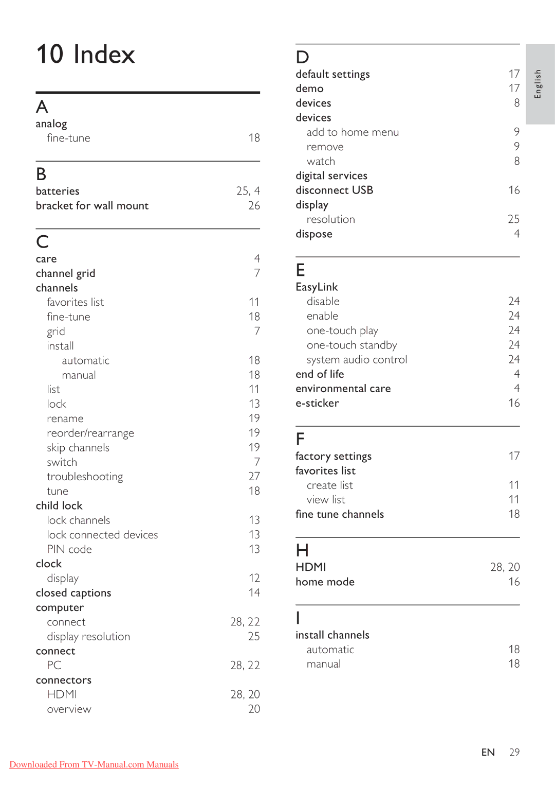 Philips 32PFL3605/77, 42PFL3605/77, 42PFL3615/77, 32PFL3615/77 user manual Index, Hdmi 