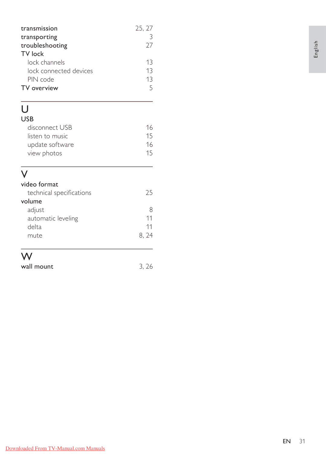 Philips 42PFL3615/77, 42PFL3605/77, 32PFL3615/77, 32PFL3605/77 user manual Usb 