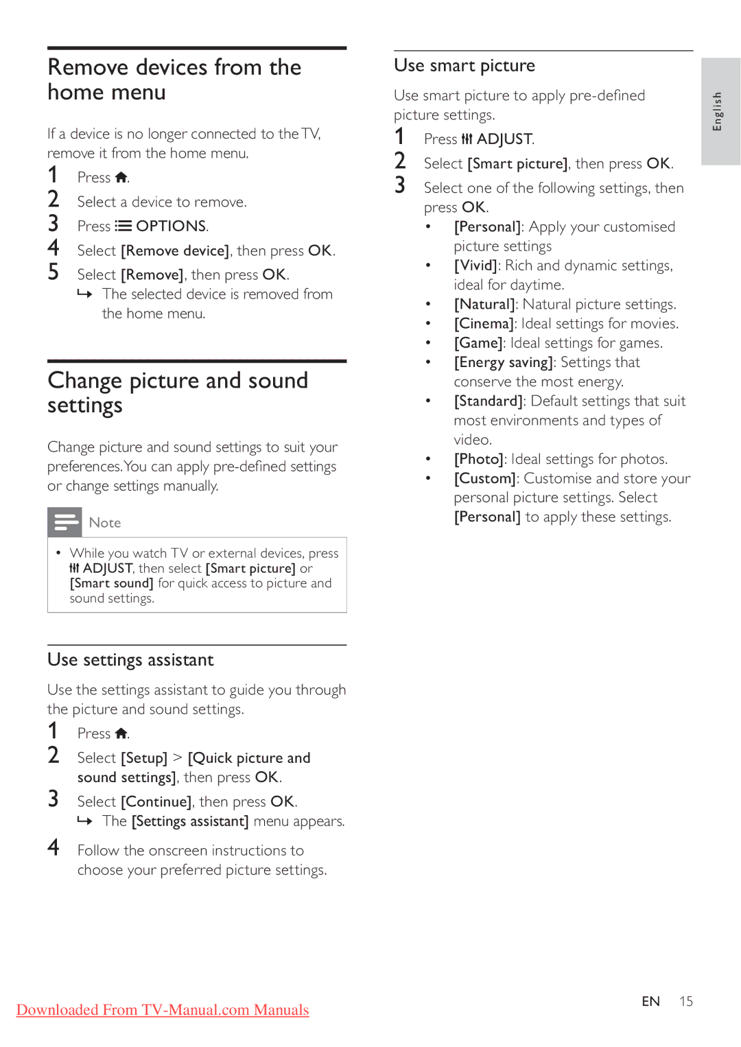 Philips 40PFL5606H user manual Remove devices from the home menu, Change picture and sound settings, Use settings assistant 