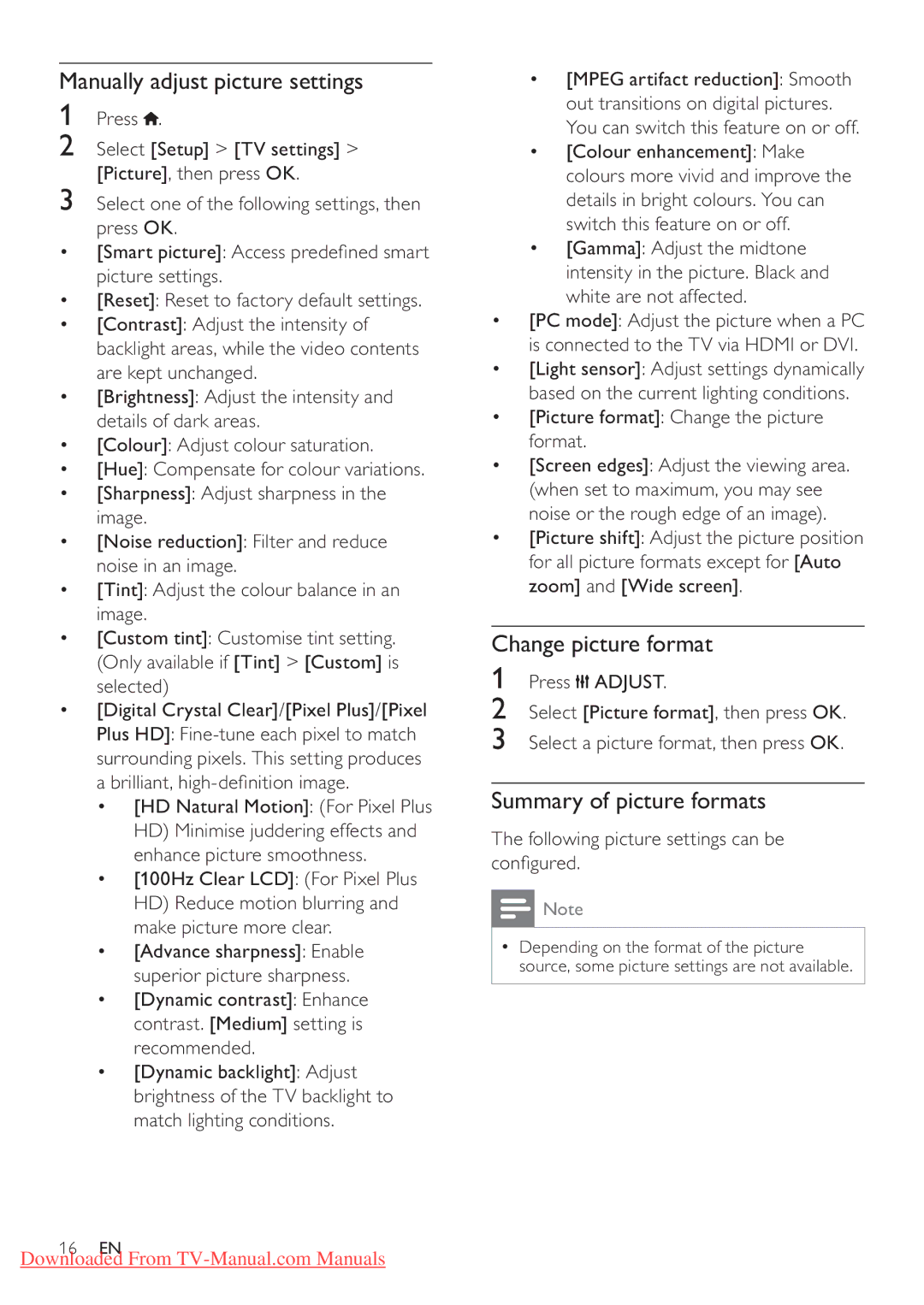 Philips 32PFL3506H, 42PFL3606H Manually adjust picture settings, Change picture format, Summary of picture formats 