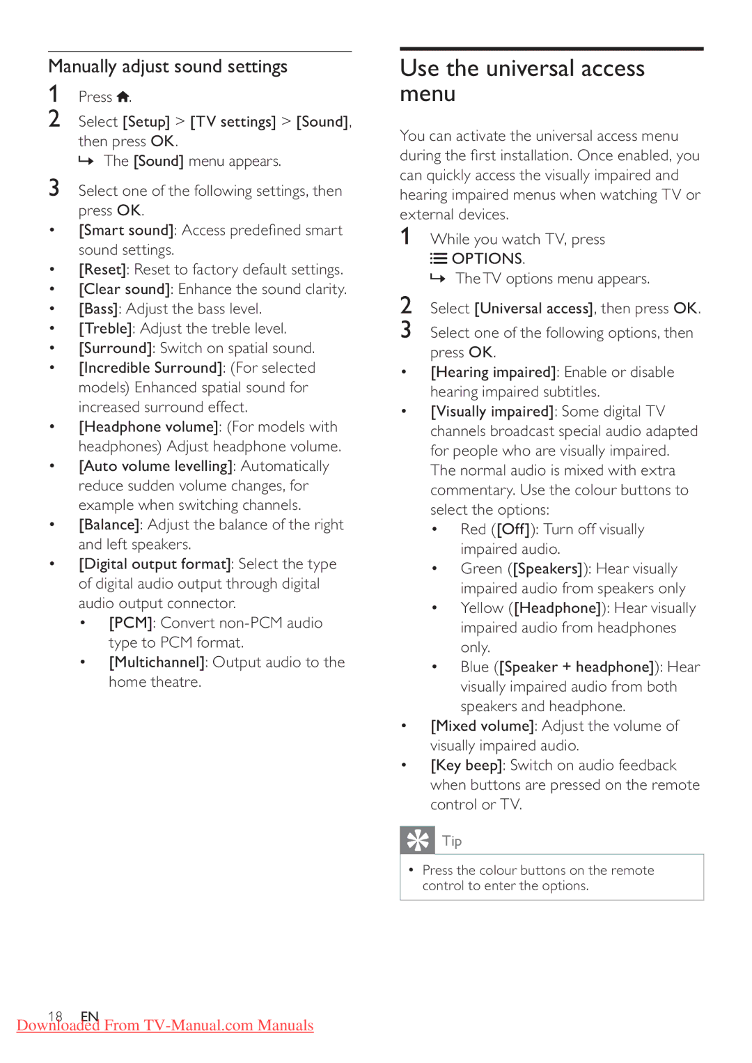 Philips 32PFL5606H, 42PFL3606H, 40PFL5606H, 32PFL3506H Use the universal access menu, Manually adjust sound settings 