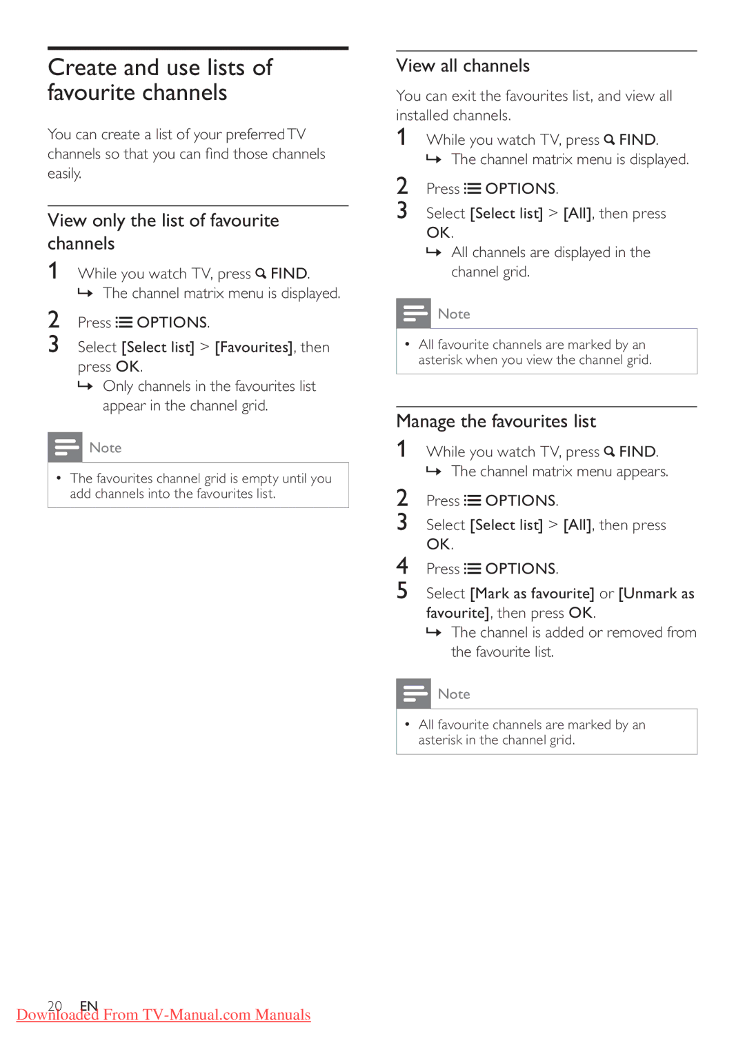 Philips 42PFL4606H Create and use lists of favourite channels, View only the list of favourite channels, View all channels 