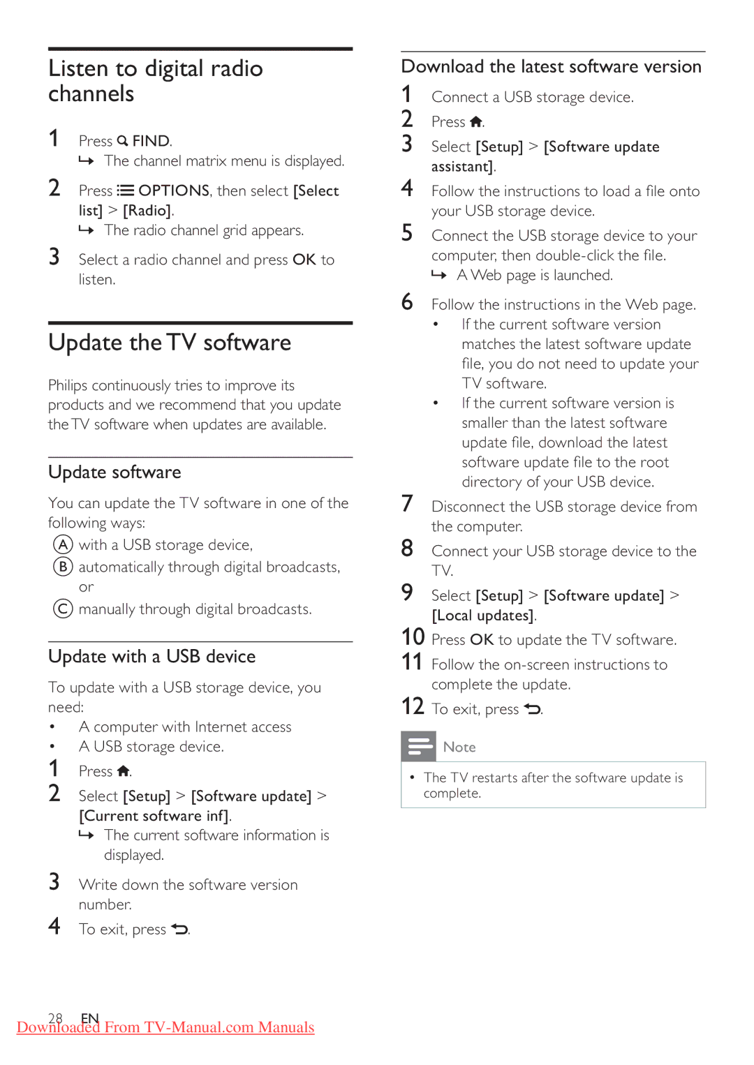 Philips 42PFL4606H Listen to digital radio channels, Update the TV software, Update software, Update with a USB device 