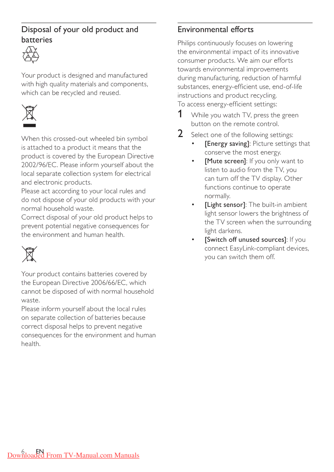 Philips 42PFL3606H Disposal of your old product and batteries, Environmental efforts, Instructions and product recycling 