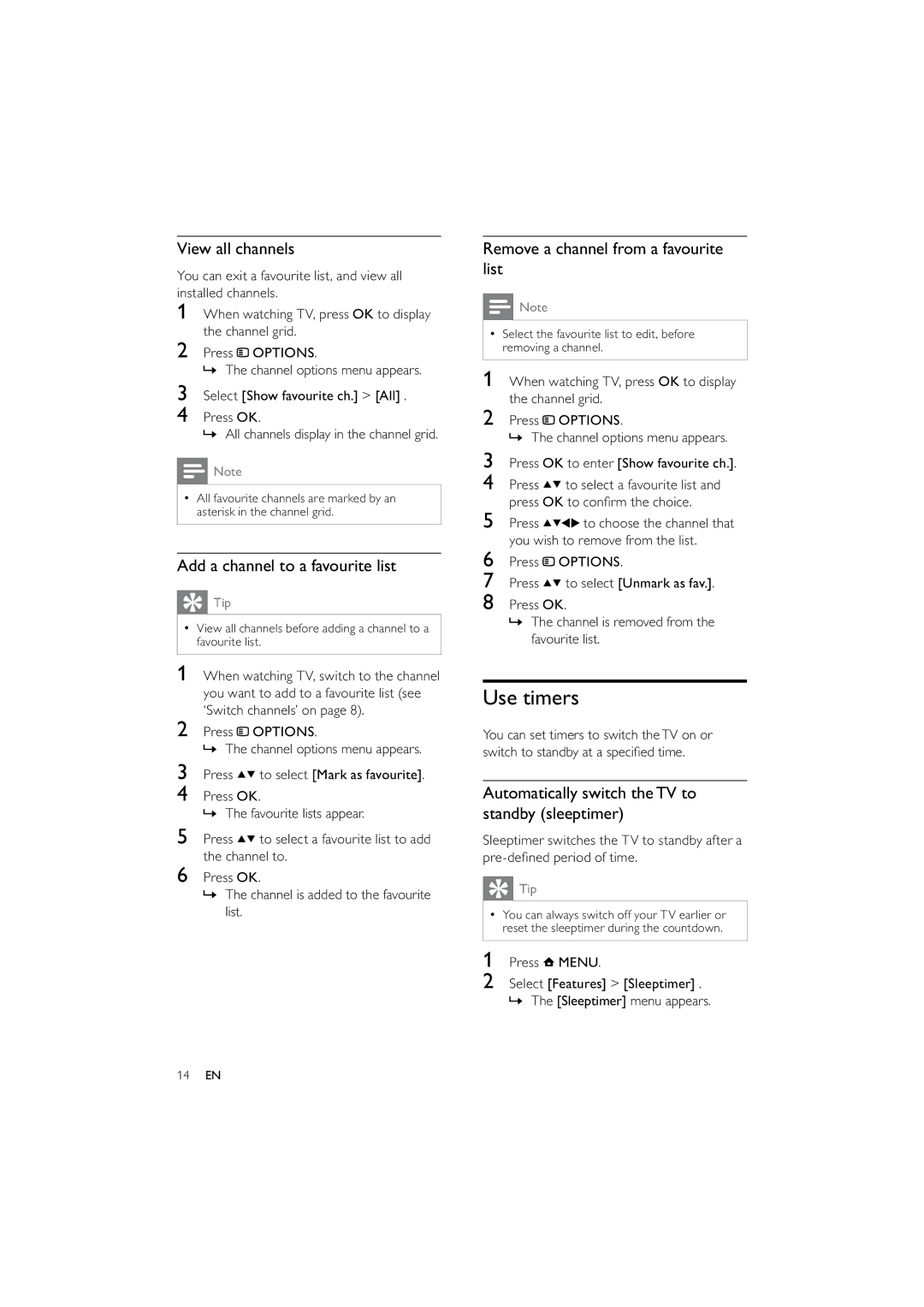 Philips 42PFL3614/12 user manual Use timers, View all channels, Add a channel to a favourite list 