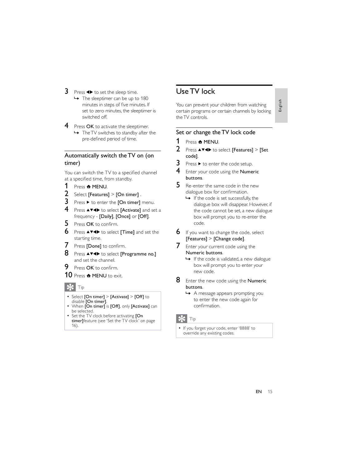 Philips 42PFL3614/12 user manual Use TV lock, Automatically switch the TV on on timer, Set or change the TV lock code 