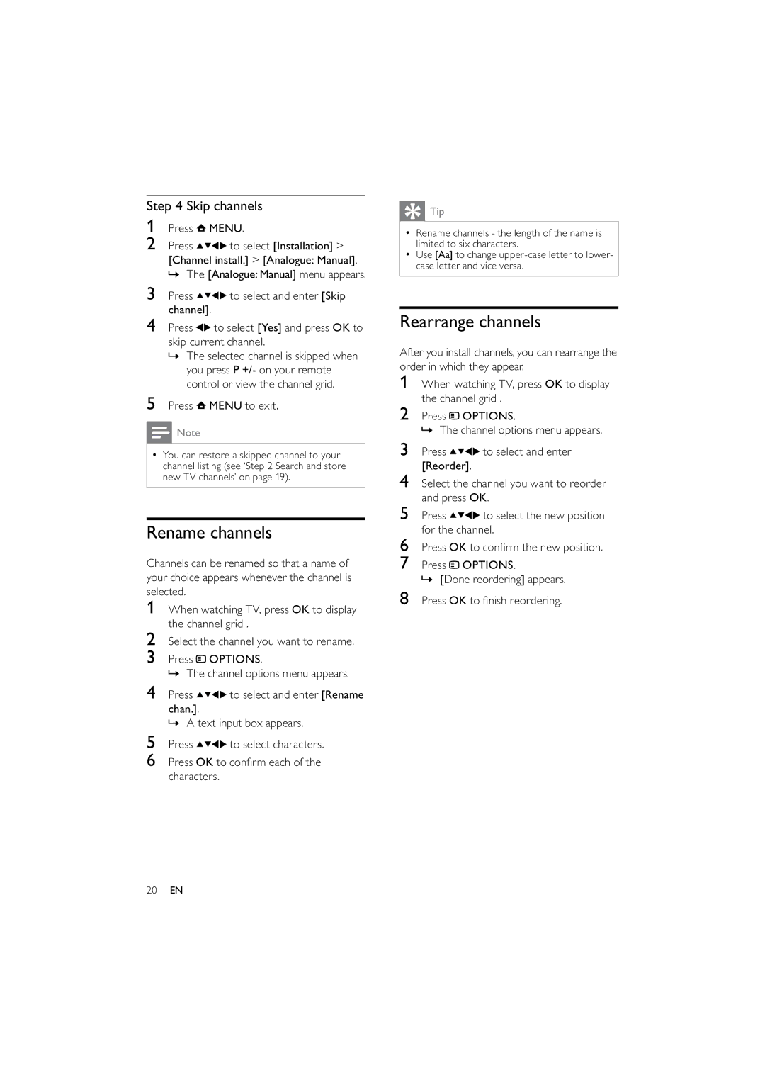 Philips 42PFL3614/12 user manual Rename channels, Rearrange channels, Skip channels 