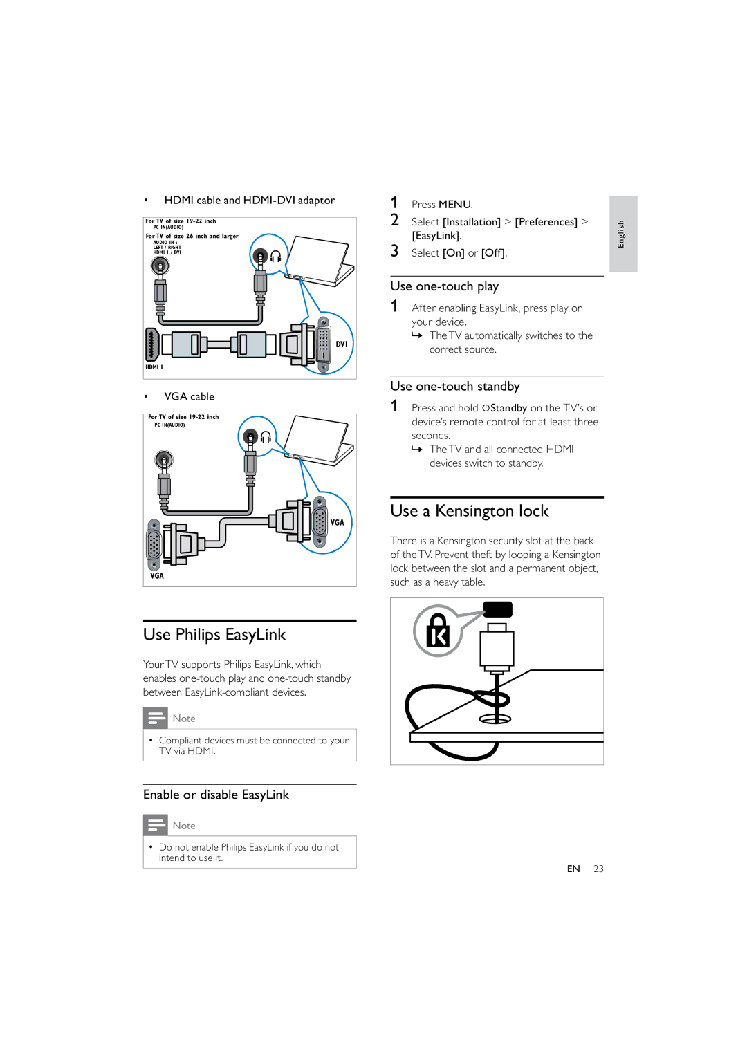 Philips 42PFL3614/12 user manual Use a Kensington lock, Use Philips EasyLink, Use one-touch play, Use one-touch standby 