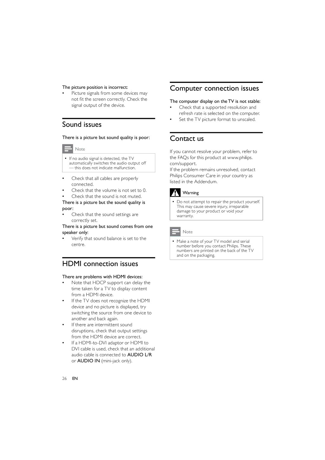 Philips 42PFL3614/12 user manual Sound issues, Hdmi connection issues, Computer connection issues, Contact us 