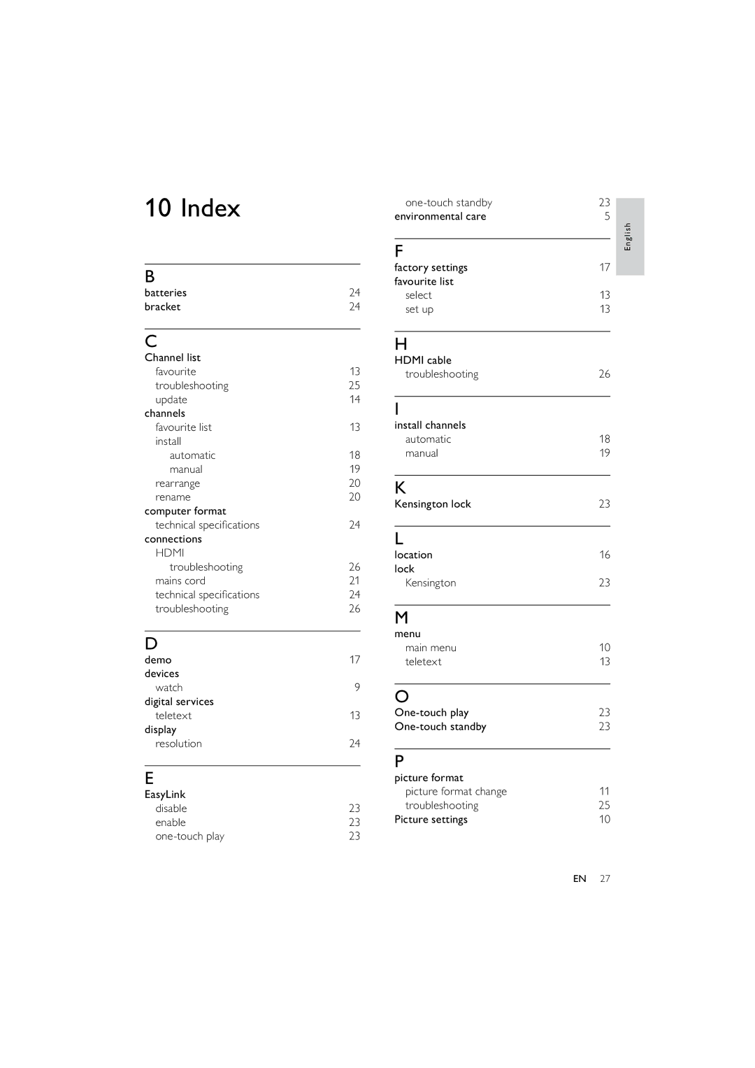 Philips 42PFL3614/12 user manual Index, Factory settings favourite list Select set up, Kensington lock Location lock Menu 