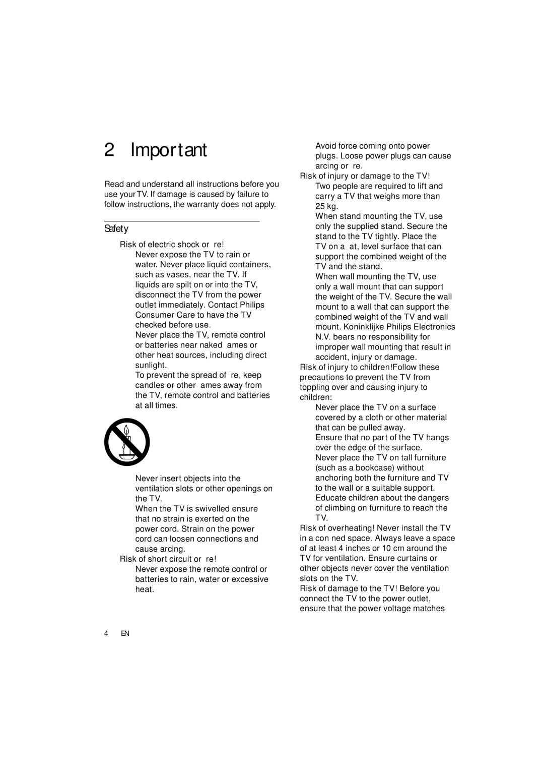 Philips 42PFL3614/12 user manual Safety, Risk of electric shock or ﬁre 