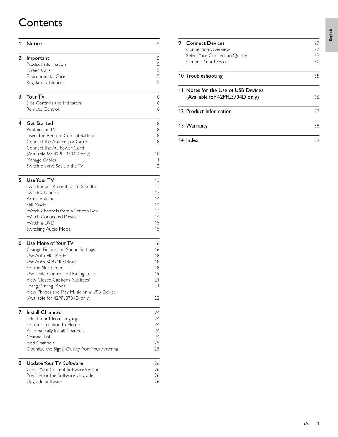 Philips 32PFL3514D, 42PFL3704D, 32PFL3504D user manual Contents 