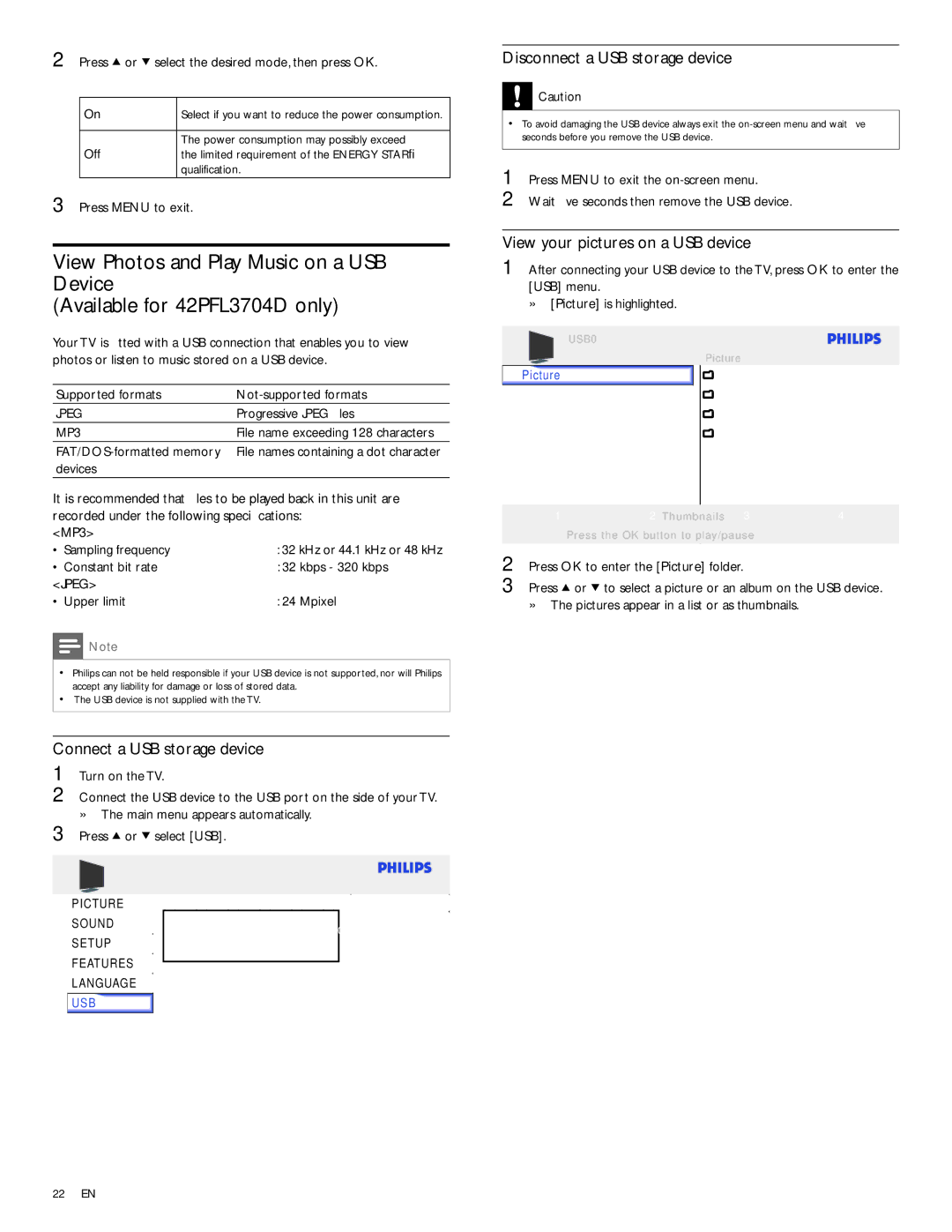 Philips 32PFL3514D, 42PFL3704D, 32PFL3504D Disconnect a USB storage device, View your pictures on a USB device, Jpeg, MP3 