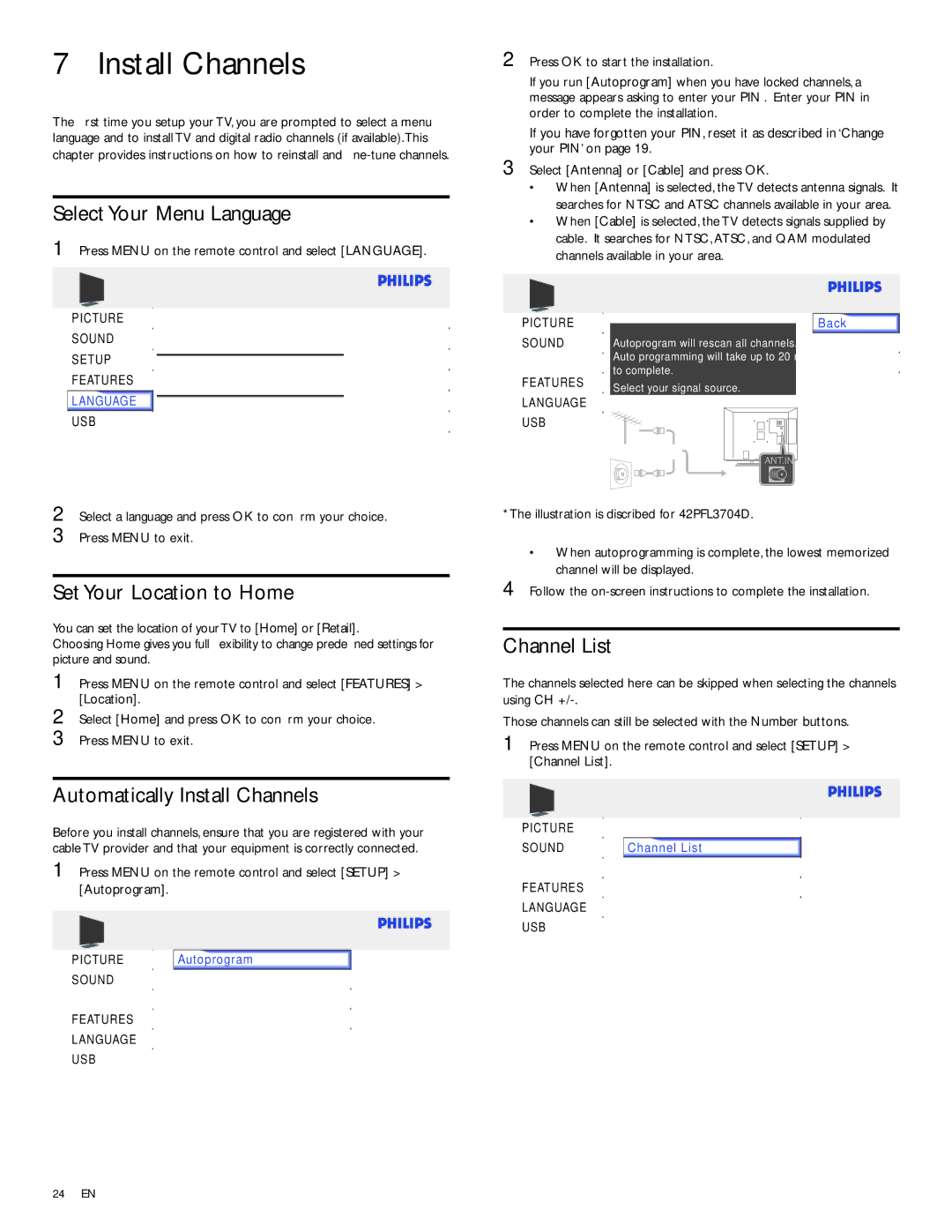 Philips 32PFL3504D Select Your Menu Language, Set Your Location to Home, Automatically Install Channels, Channel List 