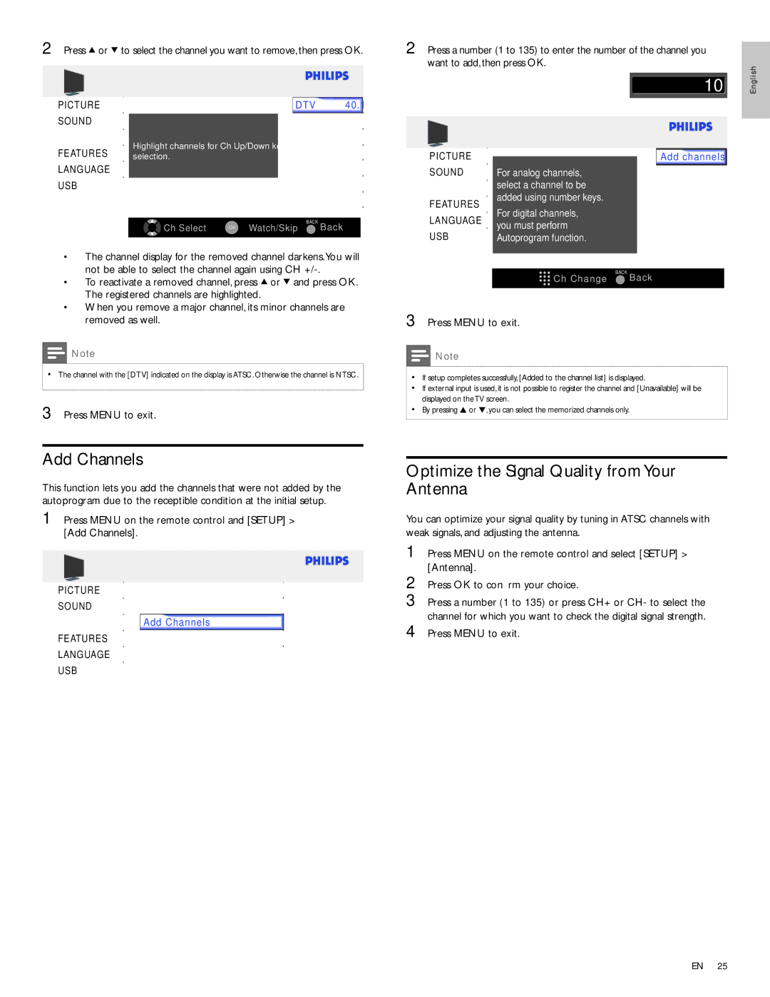 Philips 32PFL3514D, 42PFL3704D, 32PFL3504D user manual Add Channels, Optimize the Signal Quality from Your Antenna 