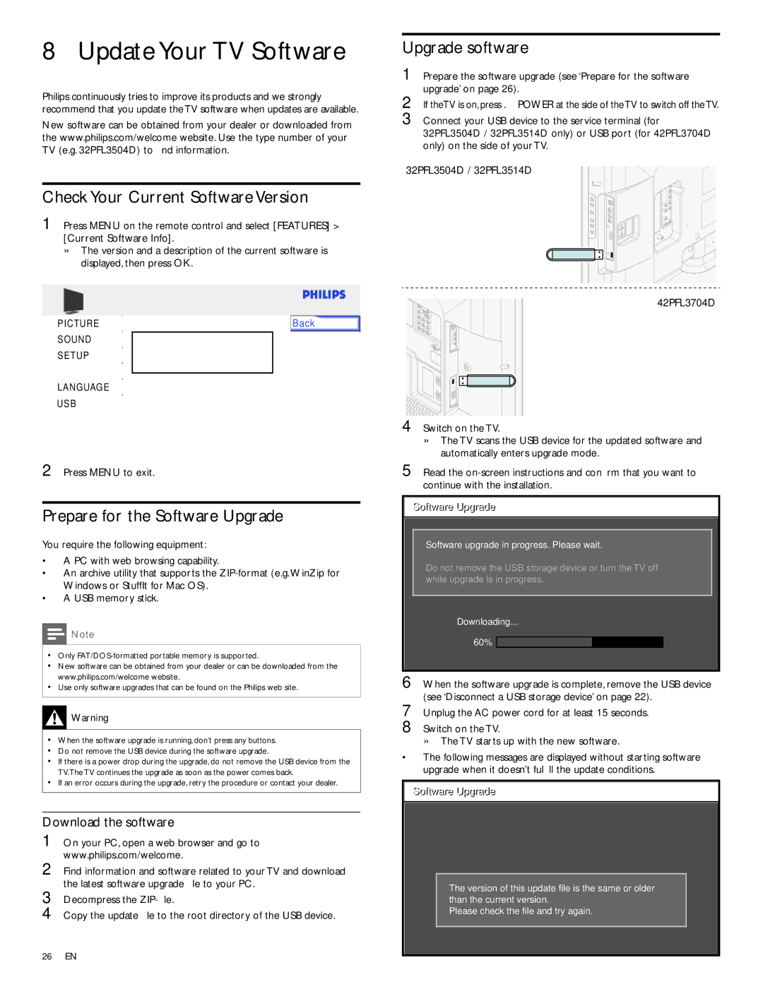 Philips 42PFL3704D Update Your TV Software, Check Your Current Software Version, Prepare for the Software Upgrade 