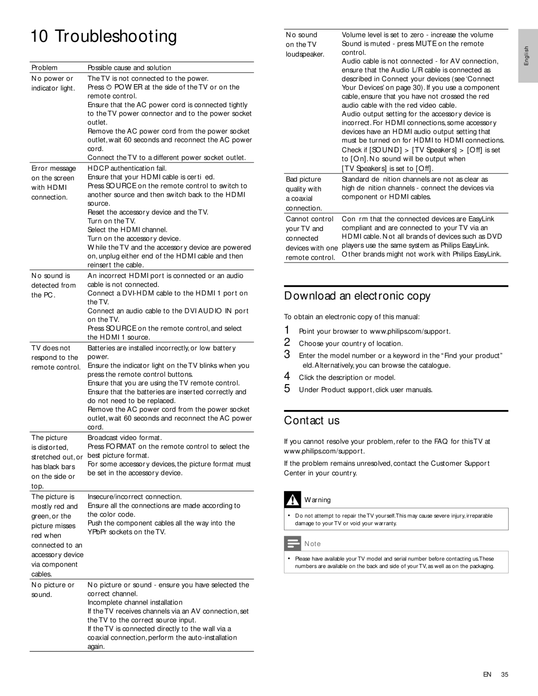 Philips 42PFL3704D, 32PFL3504D, 32PFL3514D user manual Troubleshooting, Download an electronic copy, Contact us 