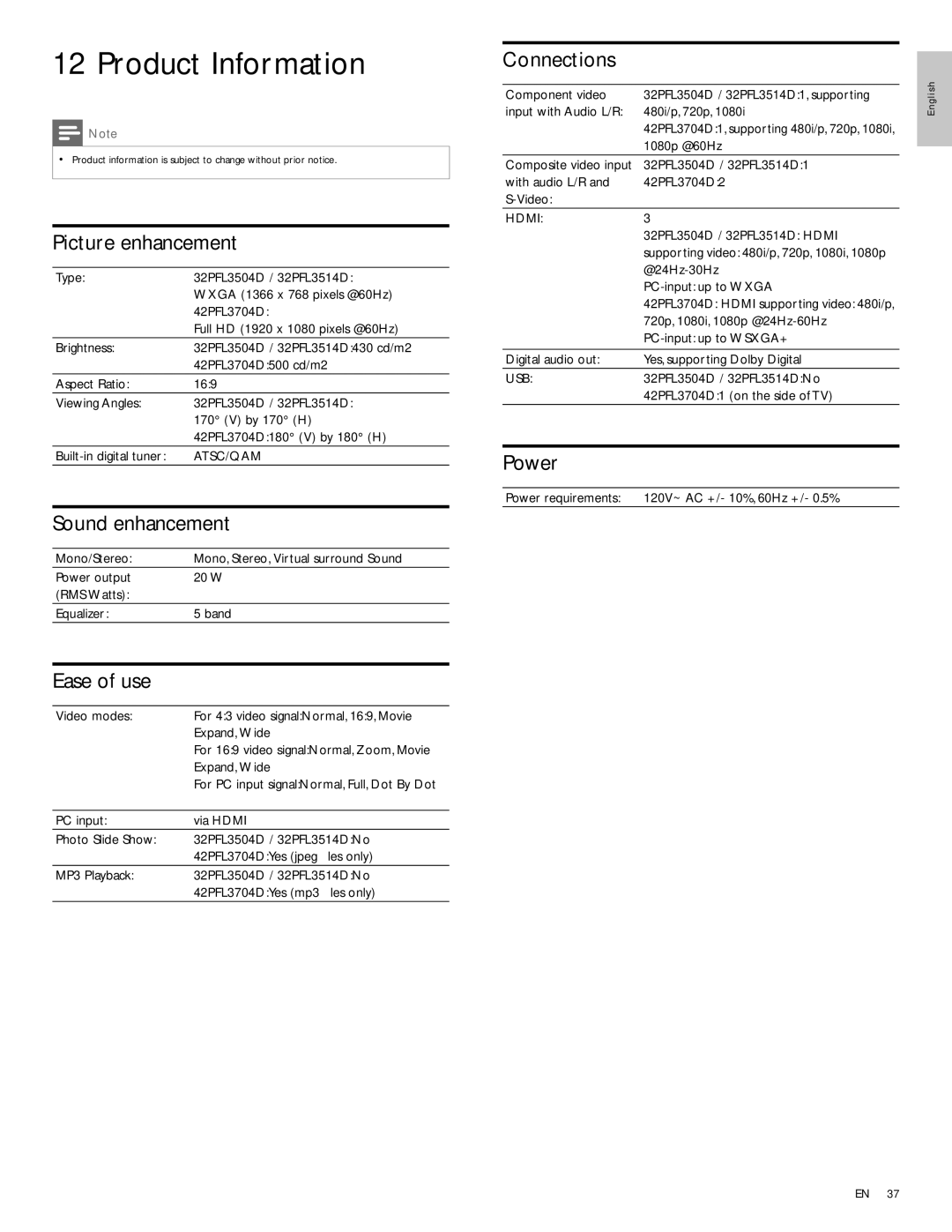 Philips 32PFL3514D, 42PFL3704D, 32PFL3504D user manual Product Information 