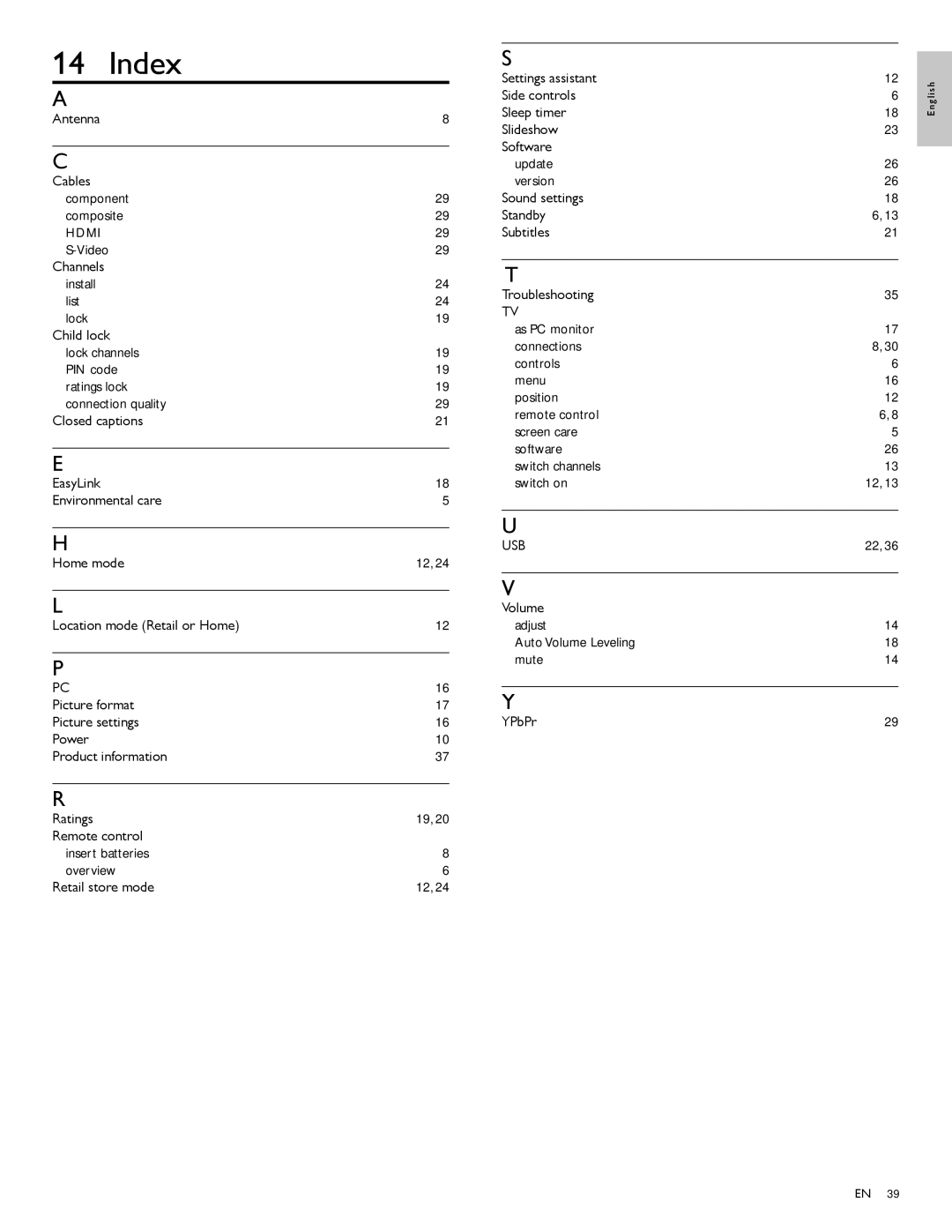 Philips 32PFL3504D, 42PFL3704D Index, Antenna Cables Component Composite, Sound settings Standby Subtitles Troubleshooting 