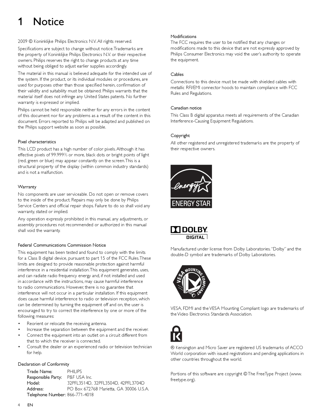 Philips 32PFL3514D, 42PFL3704D user manual Koninklijke Philips Electronics N.V. All rights reserved, USA Inc, Model, Address 