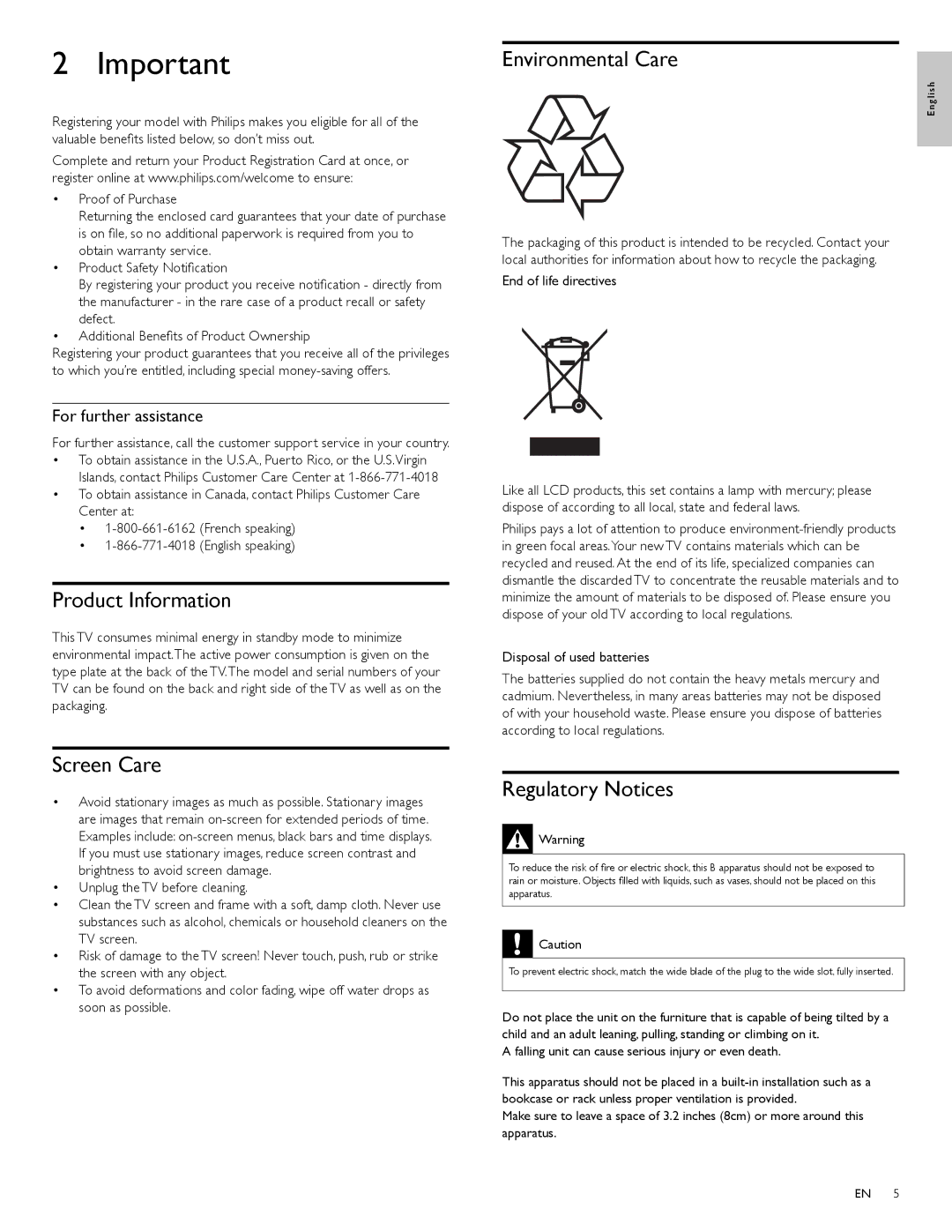 Philips 42PFL3704D Product Information, Screen Care, Environmental Care, Regulatory Notices, For further assistance 