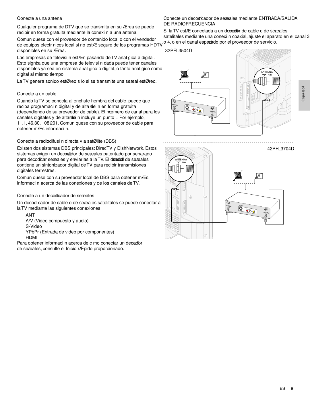 Philips 32PFL3504D, 42PFL3704D user manual Conecte a una antena, Conecte a radiodifusión directa vía satélite DBS 