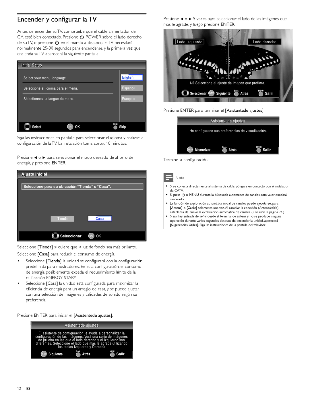 Philips 42PFL3704D, 32PFL3504D user manual Encender y conﬁgurar la TV, Presione Enter para terminar el Asistentede ajustes 