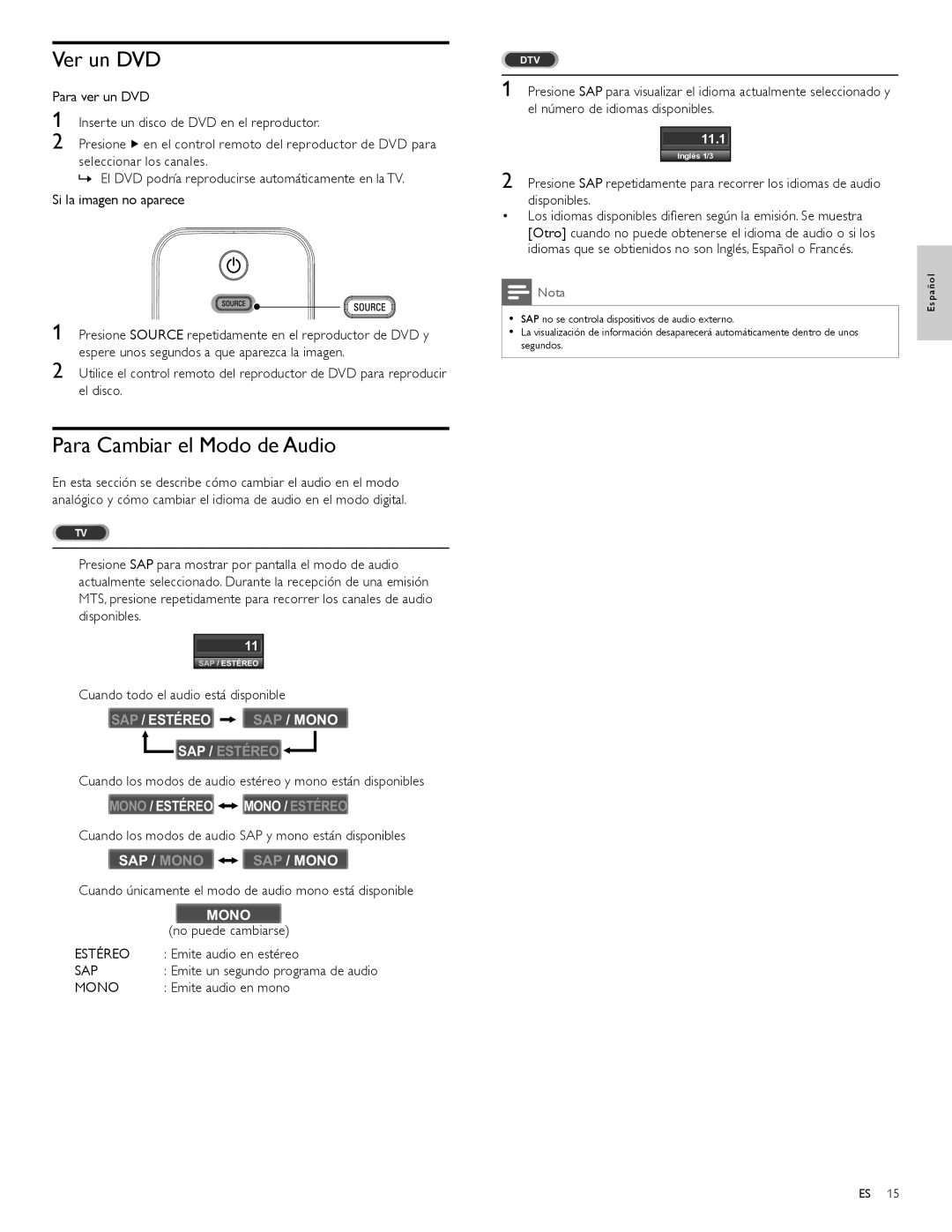 Philips 32PFL3504D, 42PFL3704D user manual Ver un DVD, Para Cambiar el Modo de Audio 