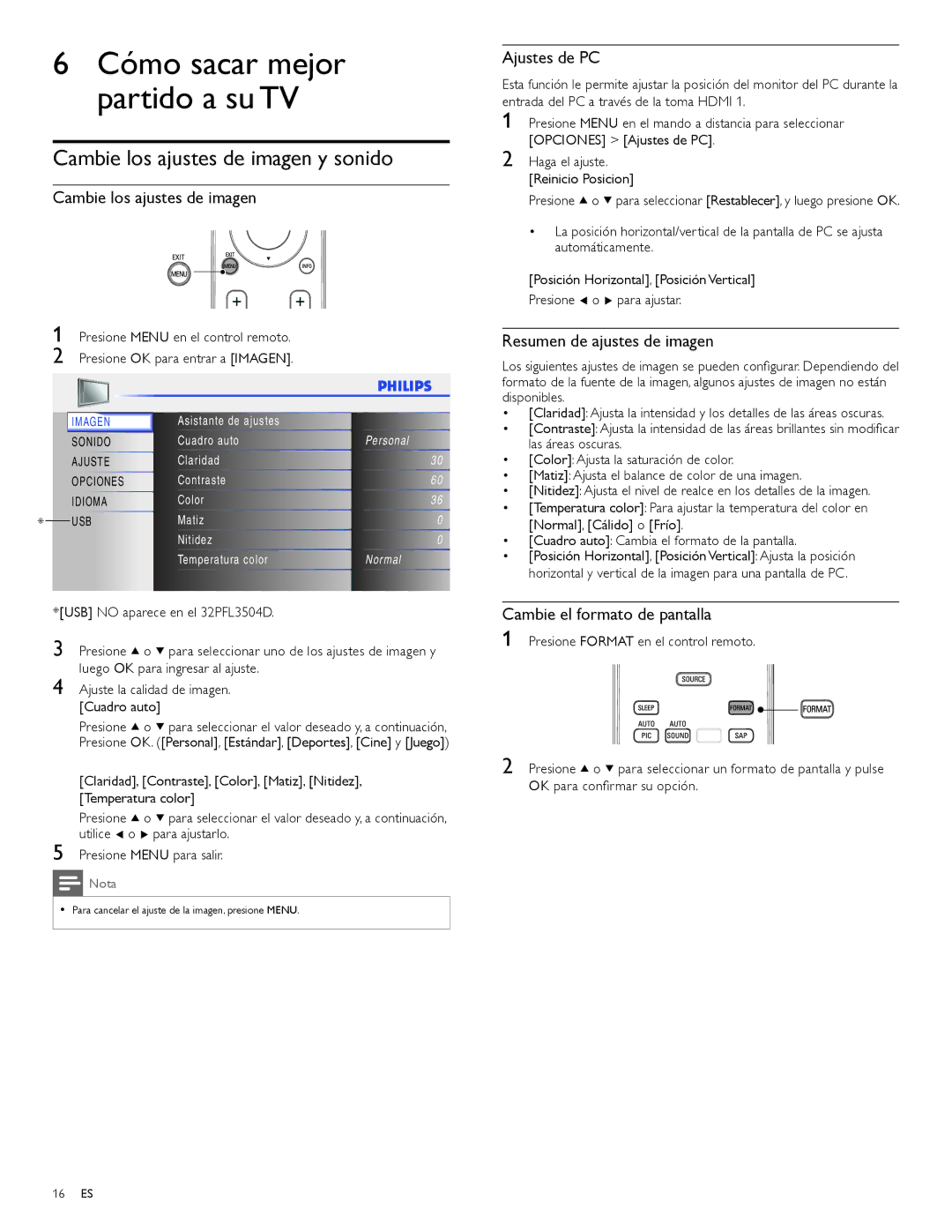 Philips 42PFL3704D, 32PFL3504D Cambie los ajustes de imagen y sonido, Ajustes de PC, Resumen de ajustes de imagen 