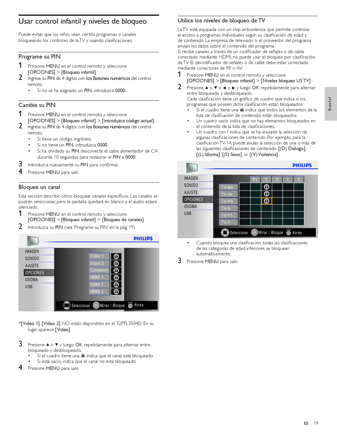 Philips 32PFL3504D user manual Usar control infantil y niveles de bloqueo, Programe su PIN, Cambie su PIN, Bloquee un canal 