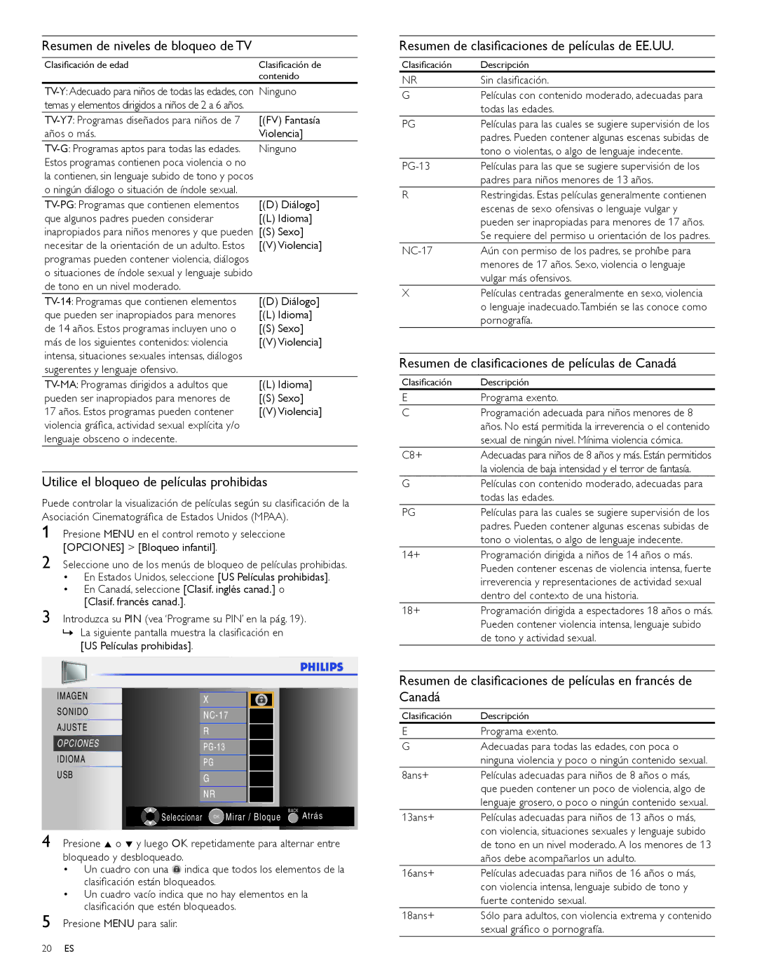 Philips 42PFL3704D, 32PFL3504D user manual Resumen de niveles de bloqueo de TV, Utilice el bloqueo de películas prohibidas 