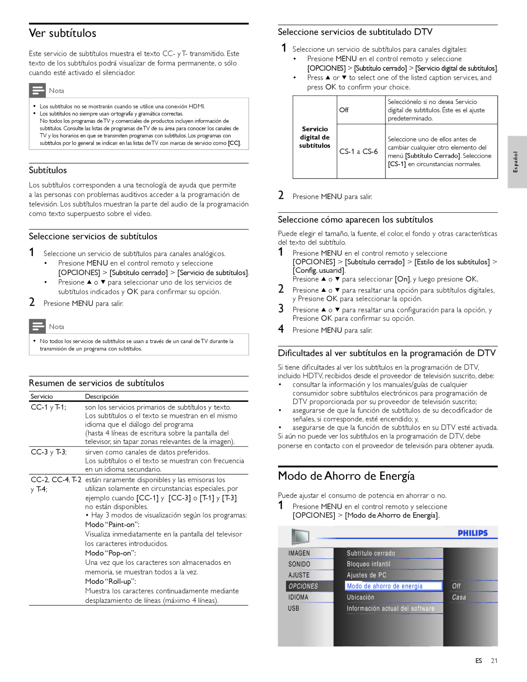 Philips 32PFL3504D, 42PFL3704D user manual Ver subtítulos, Modo de Ahorro de Energía 