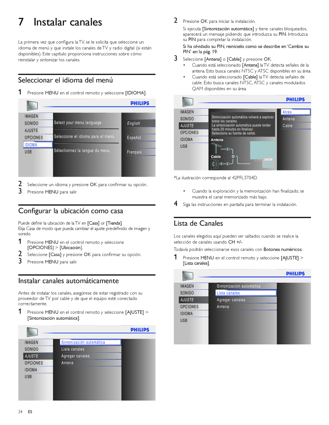 Philips 42PFL3704D Instalar canales, Seleccionar el idioma del menú, Conﬁgurar la ubicación como casa, Lista de Canales 
