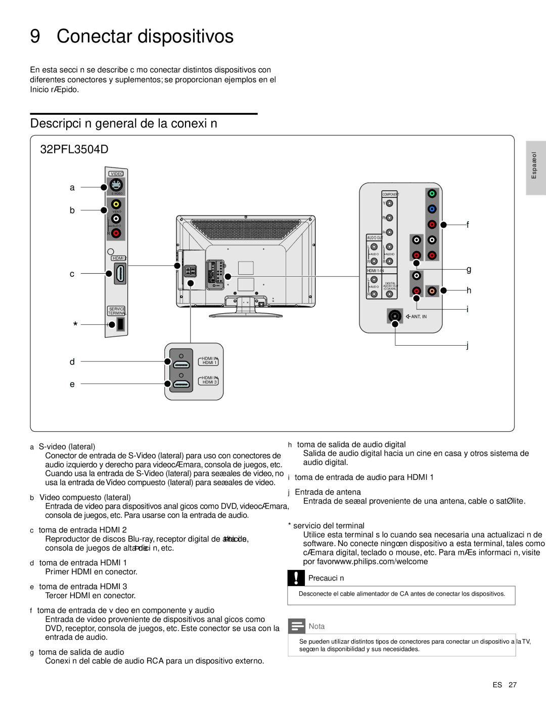 Philips 32PFL3504D Conectar dispositivos, Descripción general de la conexión, Video lateral, Video compuesto lateral 