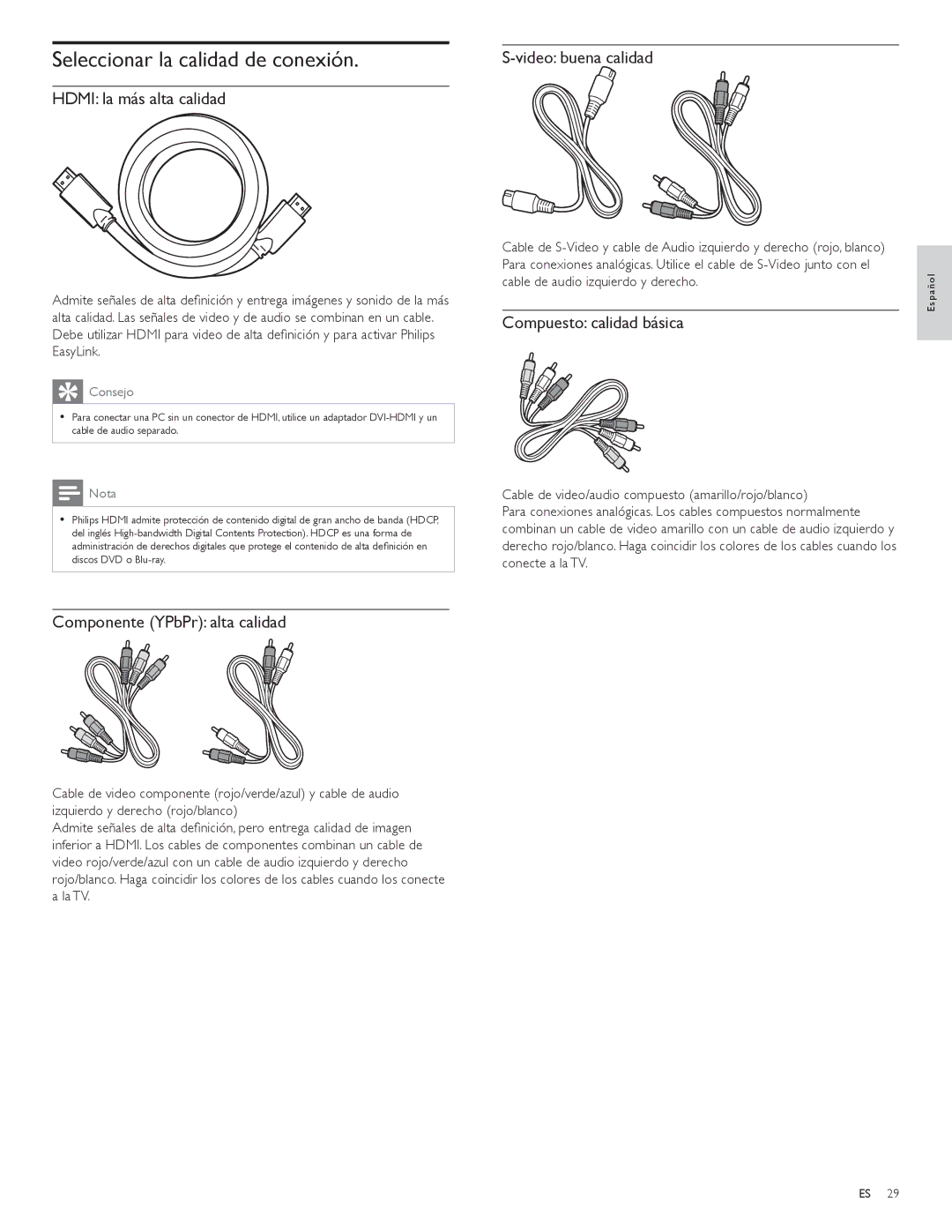 Philips 32PFL3504D, 42PFL3704D user manual Seleccionar la calidad de conexión, Video buena calidad, Hdmi la más alta calidad 