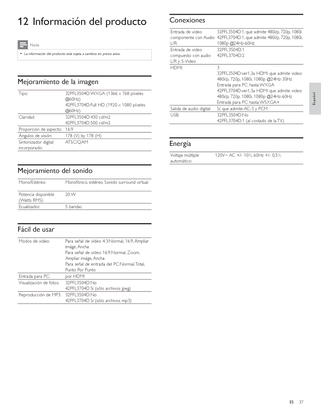 Philips 32PFL3504D, 42PFL3704D user manual Información del producto 