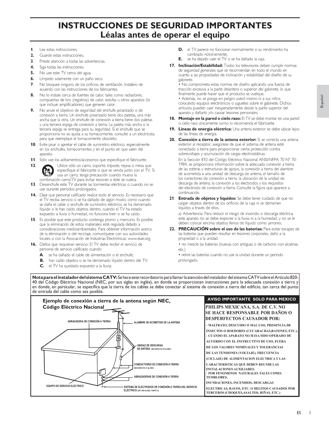 Philips 32PFL3504D, 42PFL3704D user manual Instrucciones DE Seguridad Importantes 