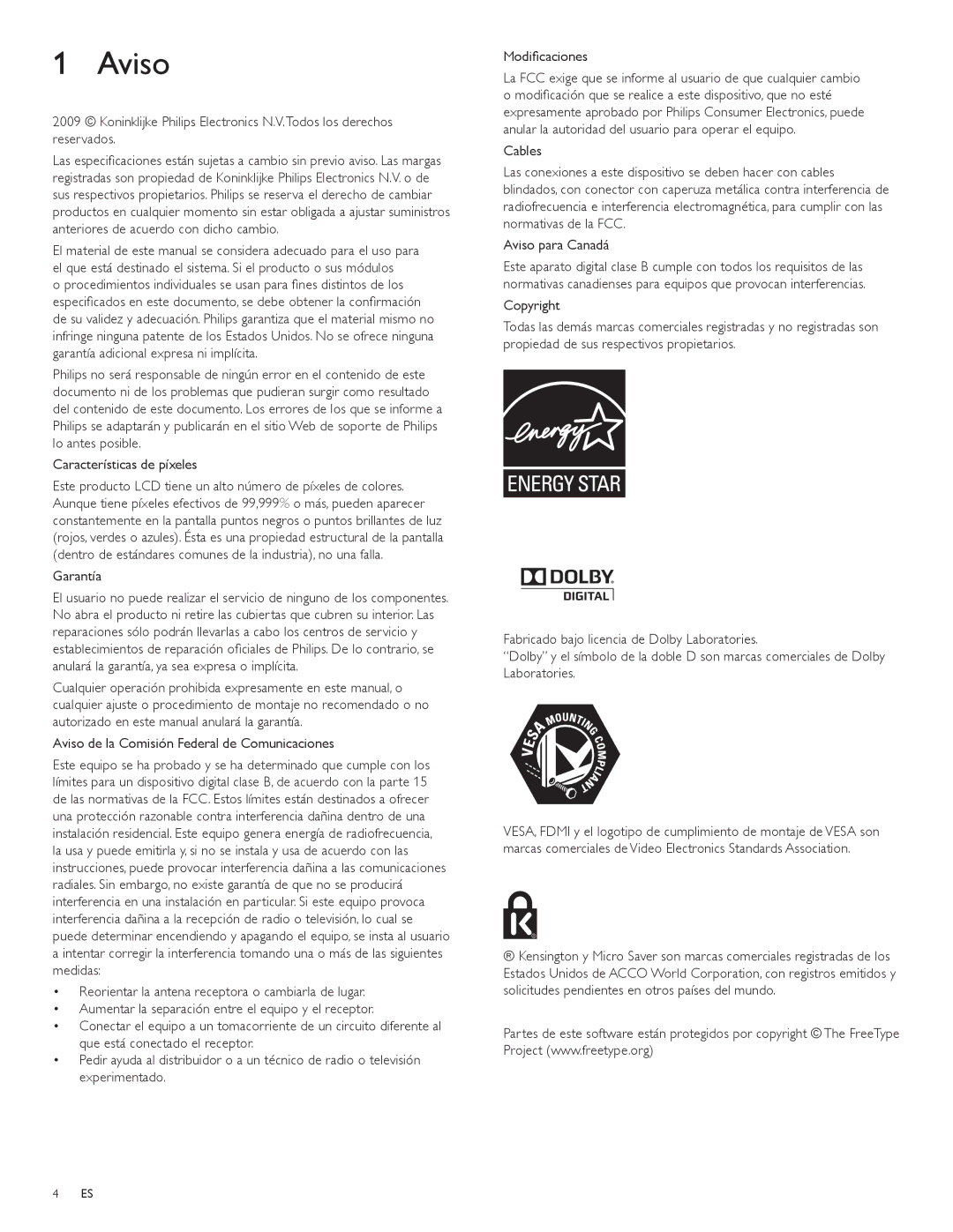 Philips 42PFL3704D, 32PFL3504D user manual Aviso 