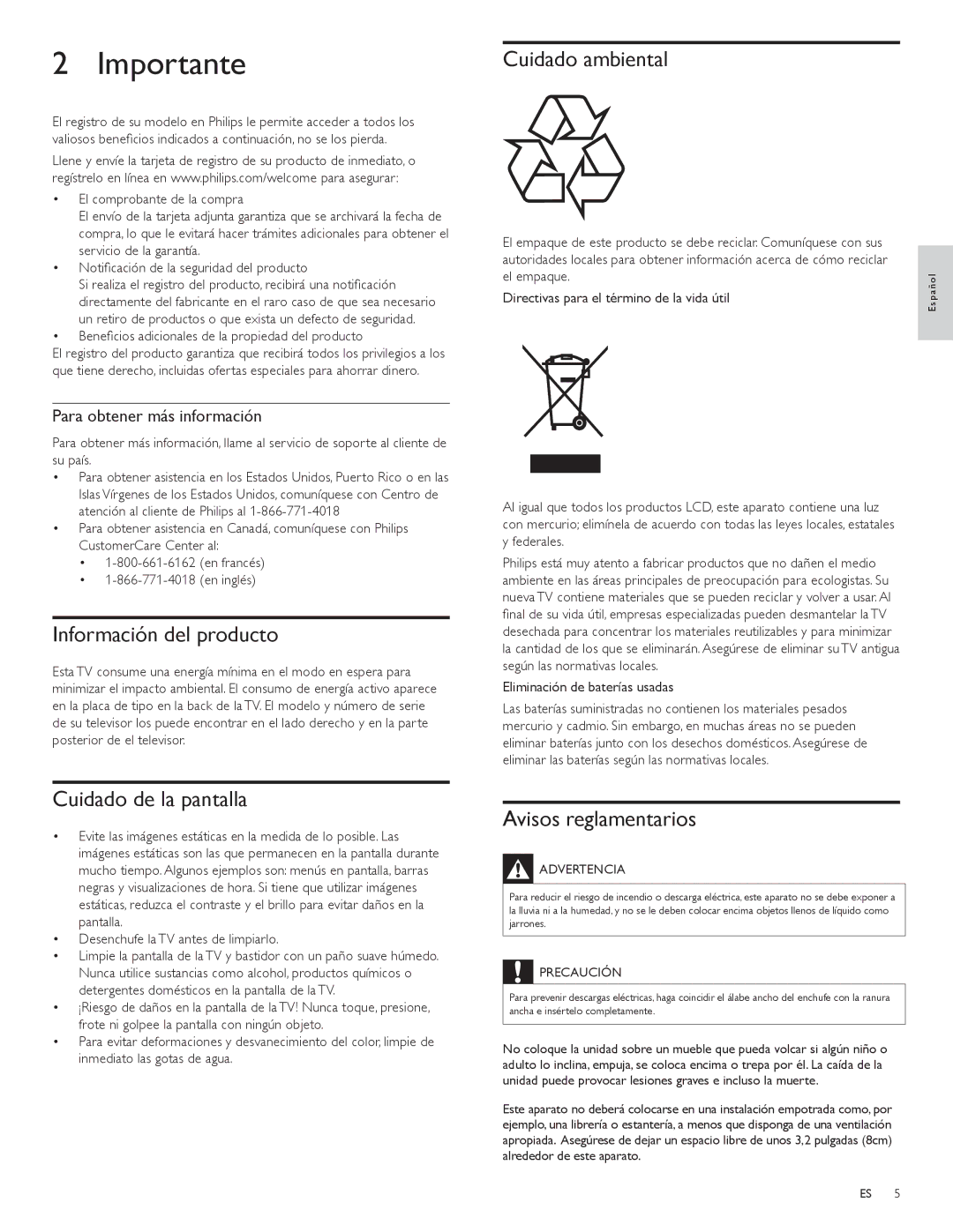 Philips 32PFL3504D Importante, Cuidado ambiental, Información del producto, Cuidado de la pantalla, Avisos reglamentarios 