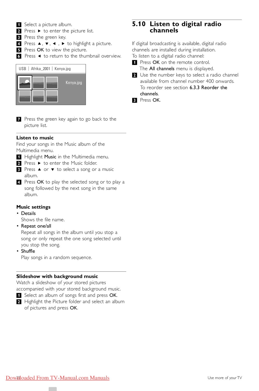 Philips 42PFL5403 manual Listen to digital radio channels, Listen to music, Music settings, Slideshow with background music 