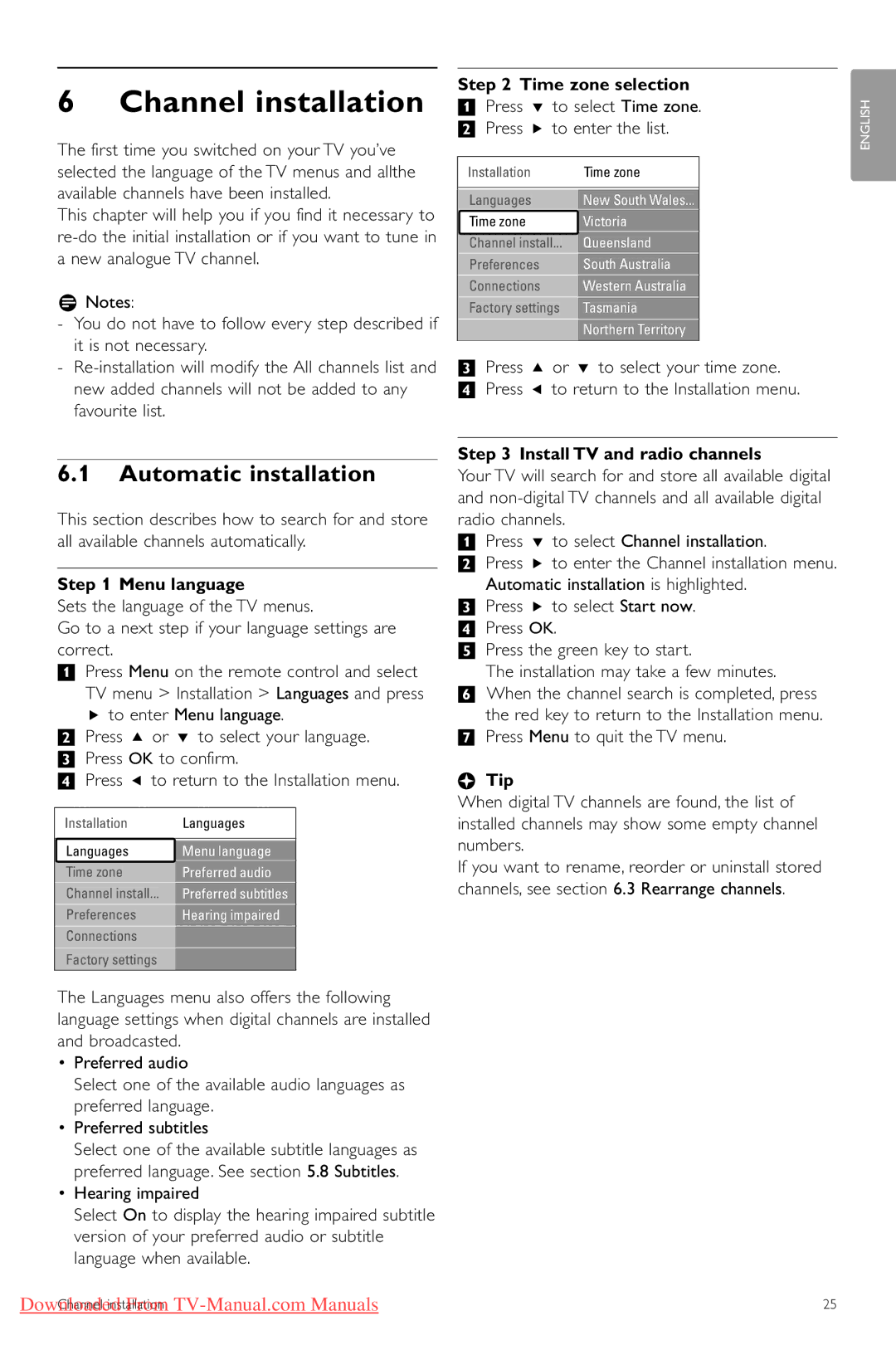 Philips 32PFL7403, 42PFL5403, 47PFL5603 Channel installation, Automatic installation, Menu language, Time zone selection 