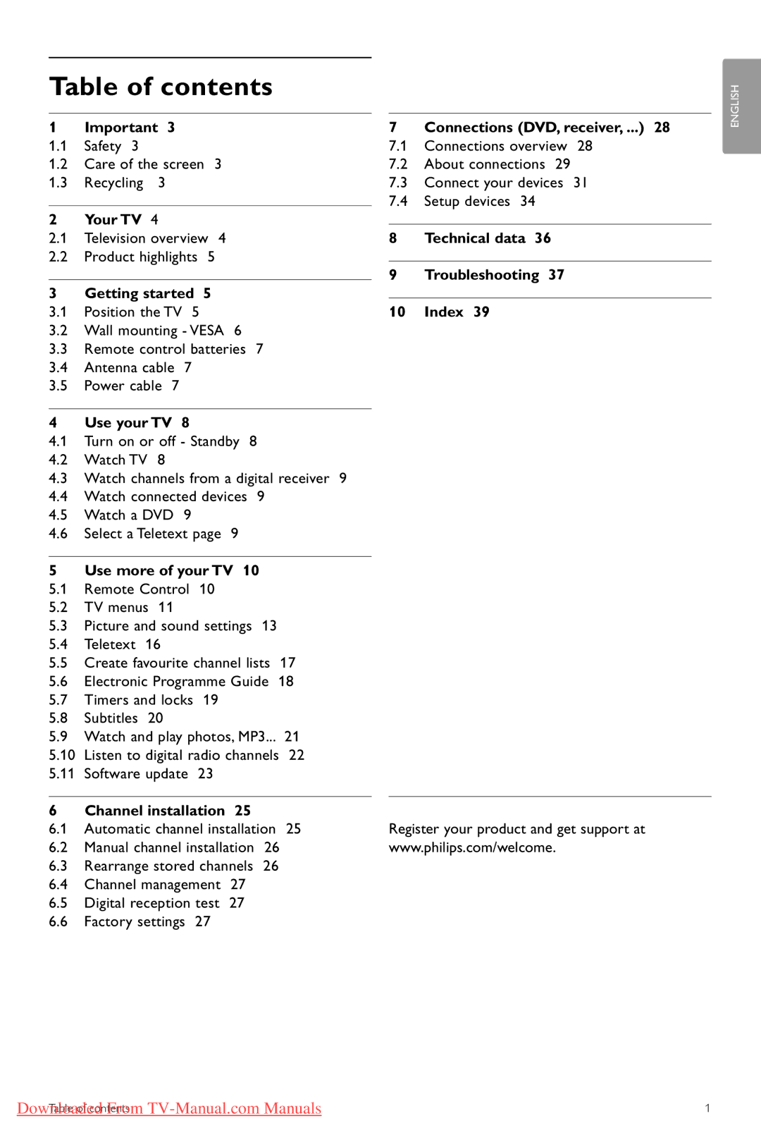 Philips 32PFL7403, 42PFL5403, 47PFL5603, 42PFL5603 manual Table of contents 