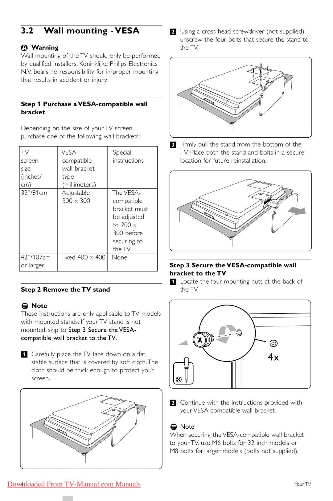 Philips 42PFL5403, 47PFL5603 manual Wall mounting Vesa, Purchase a VESA-compatible wall bracket, Remove the TV stand RNote 