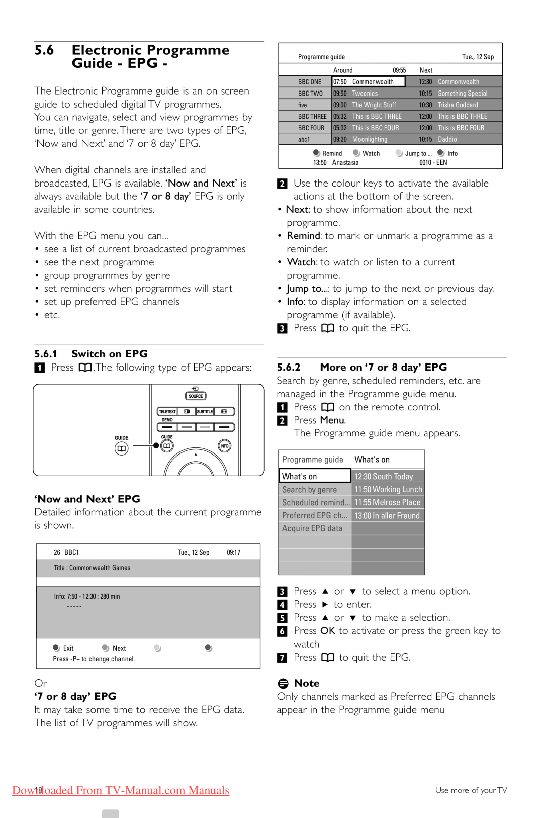 Philips 42PFL5403 5.6Electronic Programme Guide - EPG, 5.6.1Switch on EPG, ‘Now and Next’ EPG, ‘7 or 8 day’ EPG, rNote 